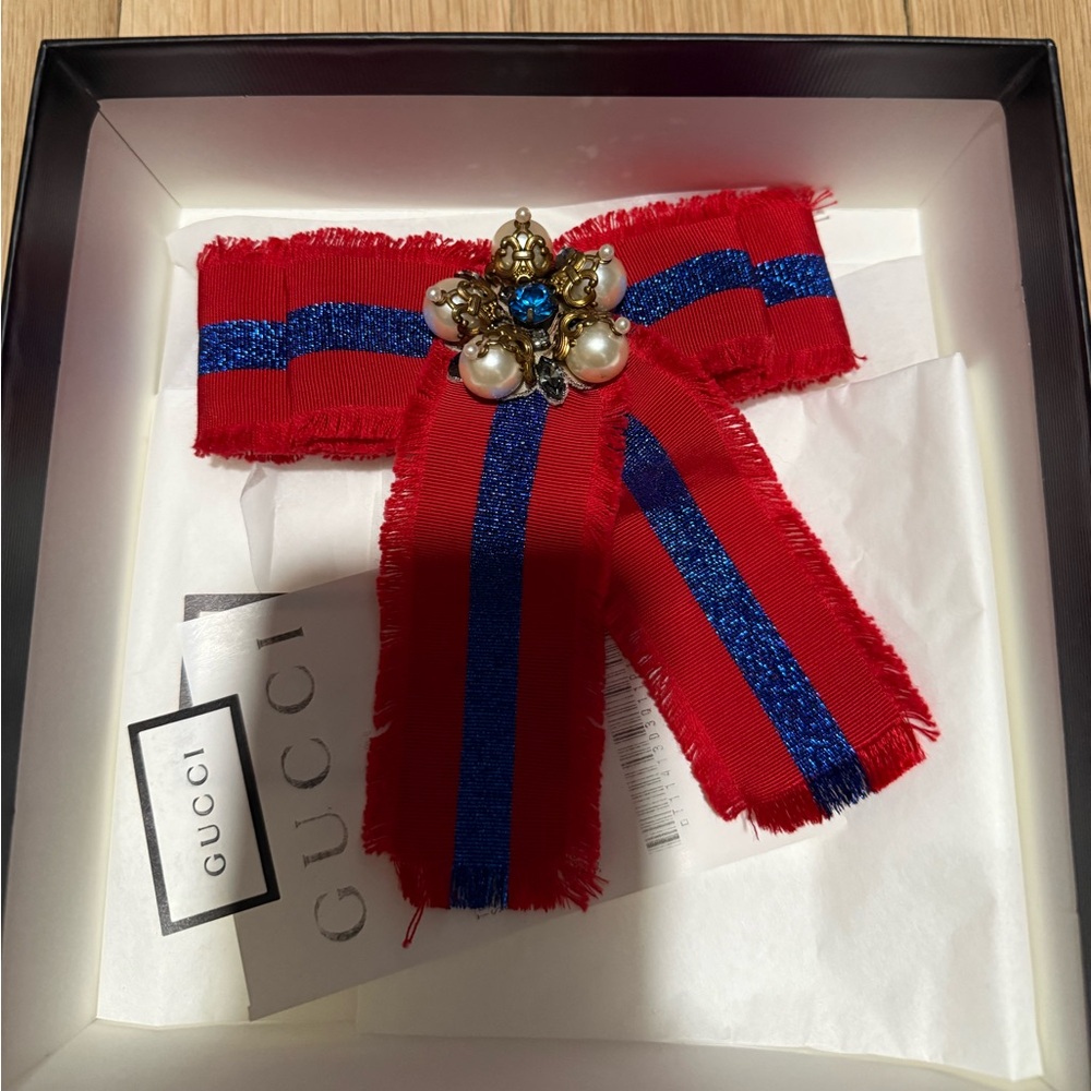 Gucci Red Ribbon Bow Brooch with Blue Stripe and Pearl Cluster